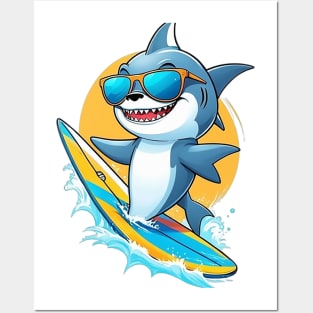 happy shark surfer Posters and Art